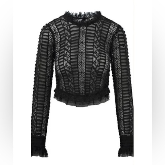 LoveShackFancy Etheline Crochet Lace Long Sleeve Top in Black